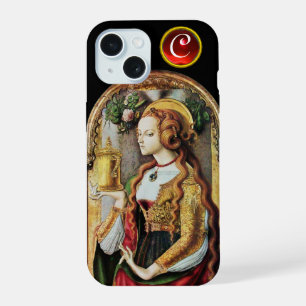 Coque iPhone 15 SAINTE MARIE-MADELEINE Monogramme de gemme de rubi