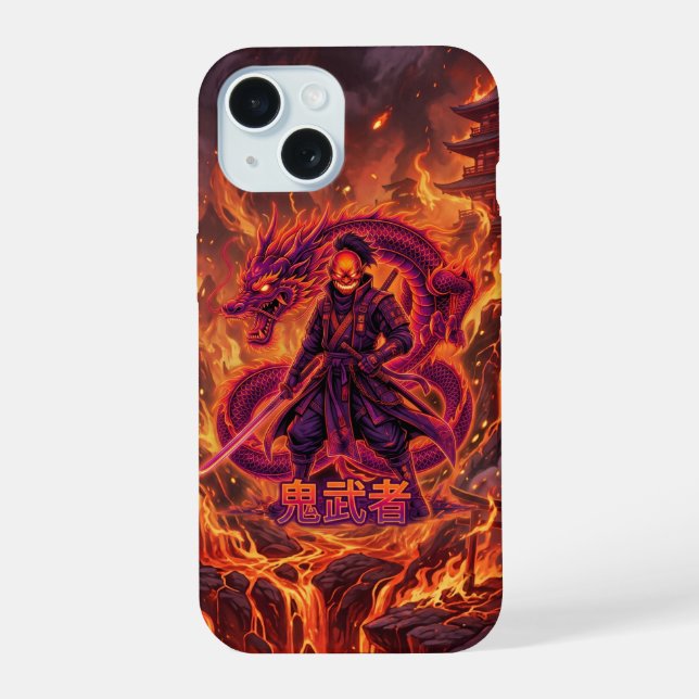 Coque iPhone 15 Samouraï et dragon de feu cybernétique (Verso)