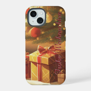Coque iPhone 15 Sapin de Noël avec des cadeaux dorés