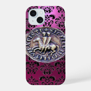 Coque iPhone 15 SCEAU DES CHEVALIERS TEMPLIERS damas noir rose