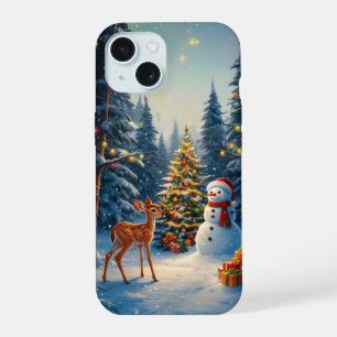Coque iPhone 15 Scene d'arbre de Noël Cute Deer Fawn Snowman