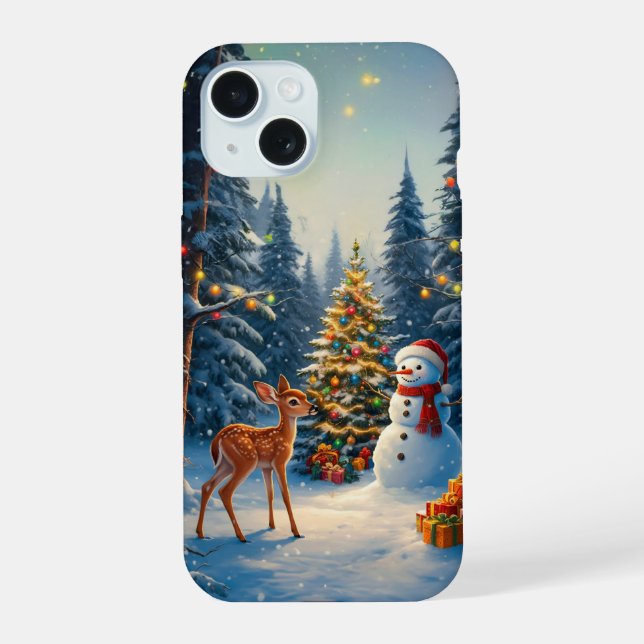 Coque iPhone 15 Scene d'arbre de Noël Cute Deer Fawn Snowman (Verso)