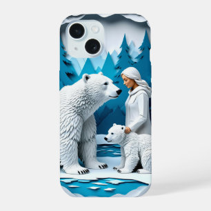 Coque iPhone 15 Scène d'art en papier hivernal avec femme et ours 