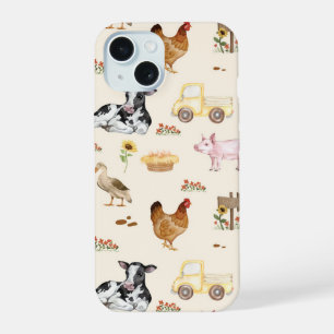 Coque iPhone 15 Scène de ferme à l'aquarelle - Motif sans couture