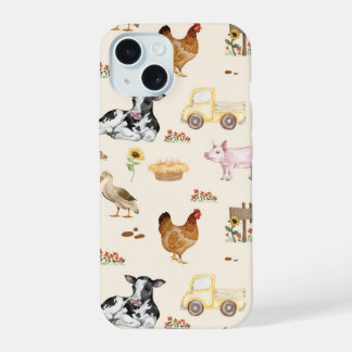Coque iPhone 15 Scène de ferme à l'aquarelle - Motif sans couture