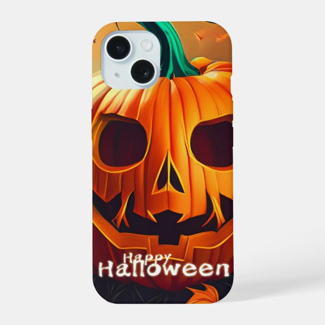 Coque iPhone 15 Scène de forêt automnale classique avec citrouille (Verso)