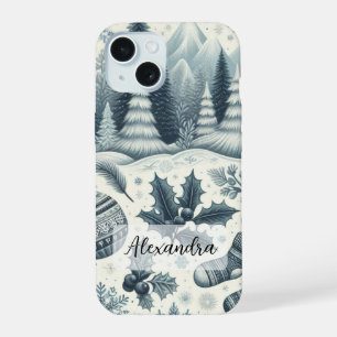 Coque iPhone 15 Scène hivernale bleu foncé et blanc Palmiers Floco
