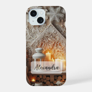 Coque iPhone 15 Scène hivernale bleu foncé, palmiers flocon de nei