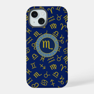 Coque iPhone 15 Scorpion Zodiaque+Symboles d'Astrologie Motif Or+B