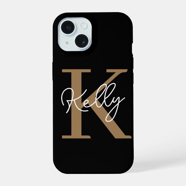 Coque iPhone 15 Script de monogramme d'or noir moderne (Verso)