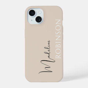 Coque iPhone 15 Script de nom initial minimal moderne beige