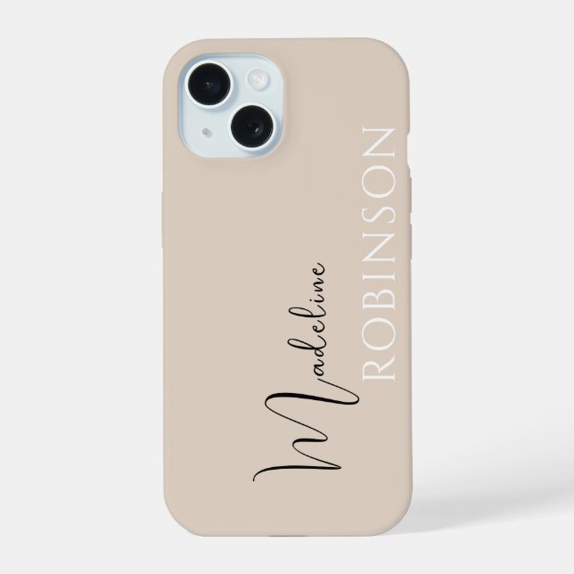 Coque iPhone 15 Script de nom initial minimal moderne beige (Verso)