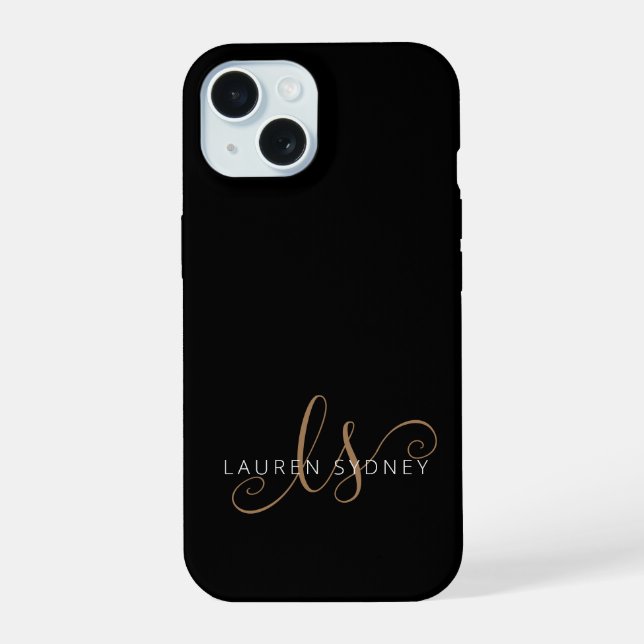Coque iPhone 15 Script féminin Black Gold moderne Monogramme (Verso)