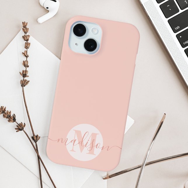 Coque iPhone 15 Script Feminine Rose-Bleu Moderne Monogramme (Créateur téléchargé)