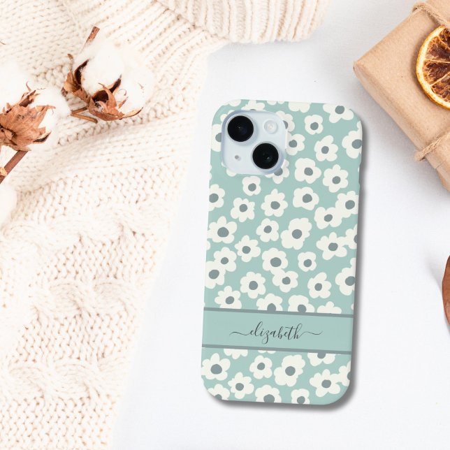 Coque iPhone 15 Script Monogram Boho Vert Blanc Gris Floral  (Mint Green White Gray Floral Boho Monogrammed name iPhone case)