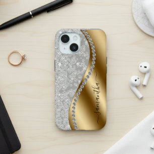 Coque iPhone 15 Script personnalisé Diamond Bling Gold