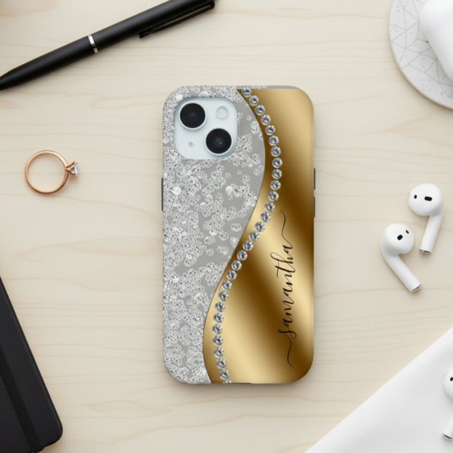 Coque iPhone 15 Script personnalisé Diamond Bling Gold (Créateur téléchargé)