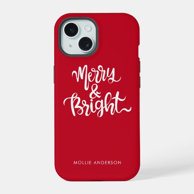 Coque iPhone 15 Script typographique Merry and Bright Rouge  (Verso)