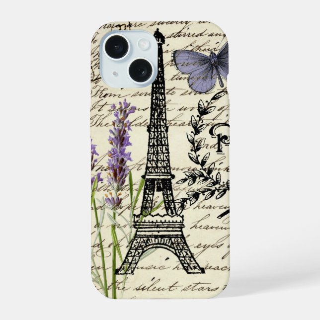 Coque iPhone 15 scripts papillon français chic tour eiffel paris (Verso)