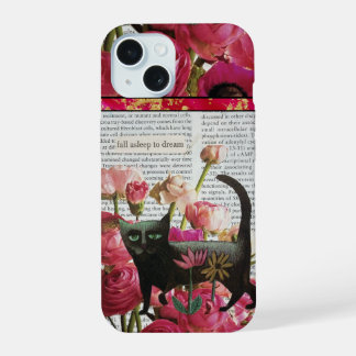 Coque iPhone 15 S'endormir pour rêver Chat noir Fleurs rose chaud