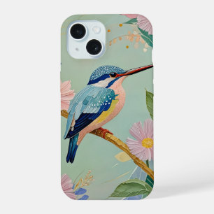 Coque iPhone 15 Serene Kingfisher dans un paradis floral