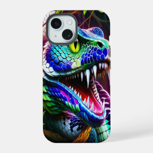 Coque iPhone 15 Serpent de Cobra aux écailles turquoise et bleue v