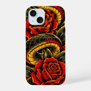 Coque iPhone 15 Serpent Noir & Roses Rouges Serpent Floral Gothi