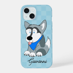 Coque iPhone 15 Sibérie Husky Blue À damiers Chien personnalisé