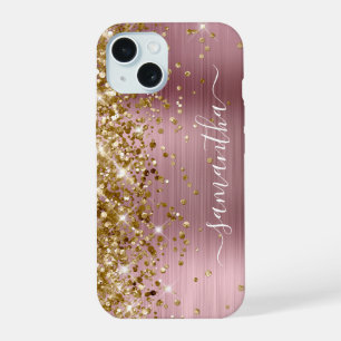 Coque iPhone 15 Signature girly moderne en feuille rose pailletée