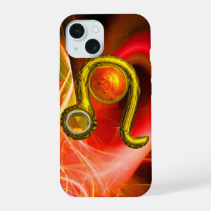 Coque iPhone 15 Signe du zodiaque LÉO en OR Tourbillons fractals r