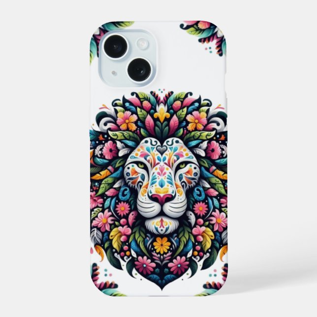 Coque iPhone 15 Silhouette de Lion Floral (Verso)