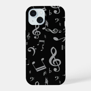 Coque iPhone 15 Silver Grey Notes musicales sur Black