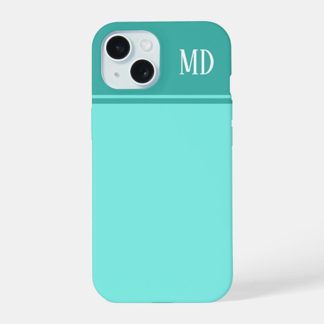 Coque iPhone 15 Simple et joli monogramme rayé bleu sarcelle (Verso)