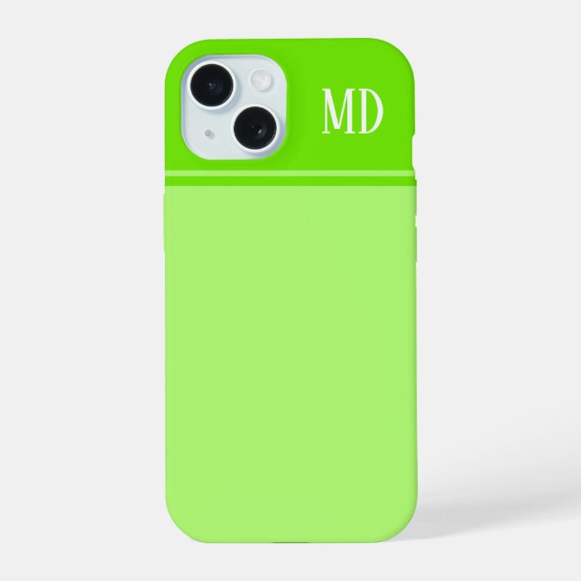 Coque iPhone 15 Simple et joli monogramme rayé vert citron (Verso)