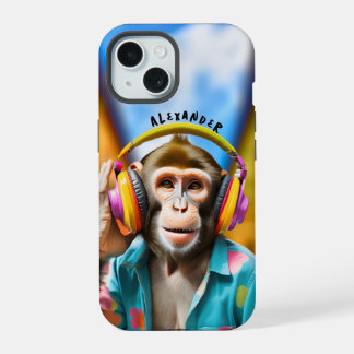 Coque iPhone 15 Singe cool avec casque