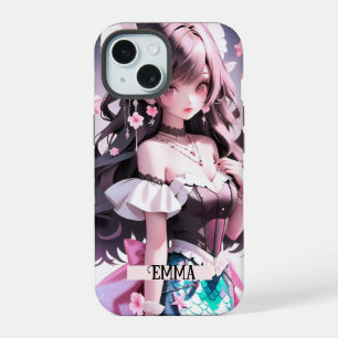 Coque iPhone 15 Sirène aux cheveux bruns Nom personnalisé Fille fé