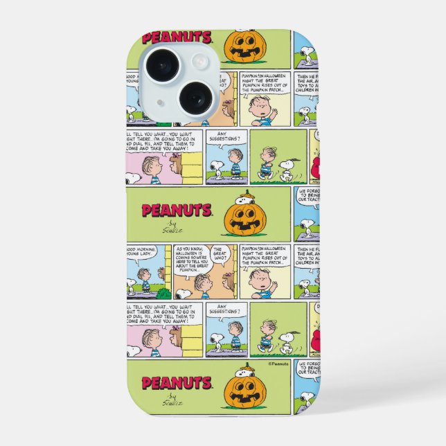 Coque iPhone 15 Snoopy & Linus | Les grandes nouvelles Citrouilles (Verso)