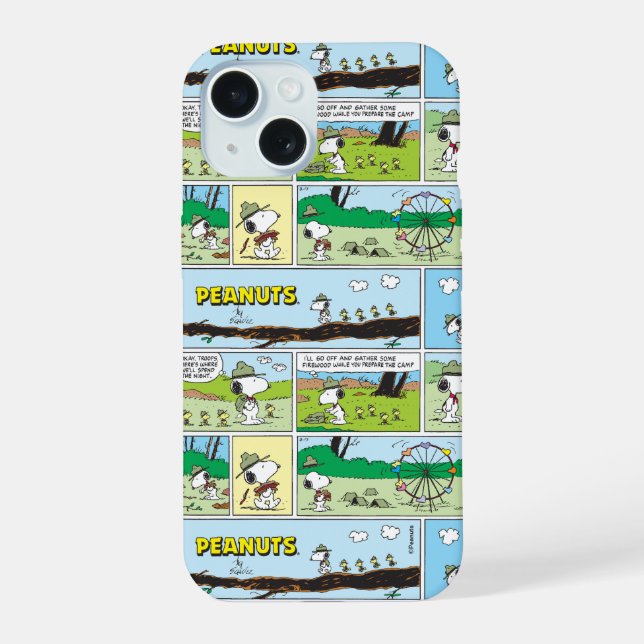 Coque iPhone 15 Snoopy & ses amis | Faire du camping (Verso)