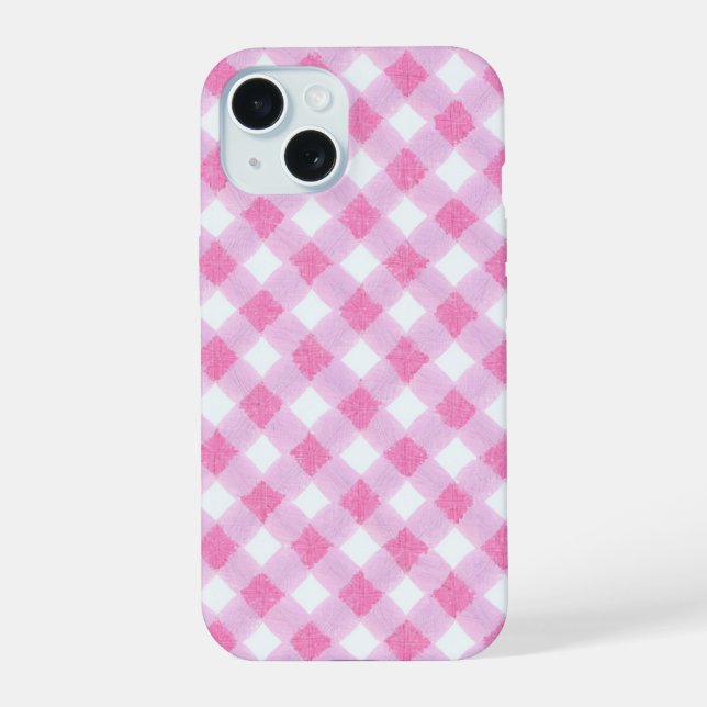 Coque iPhone 15 Soft Pink Gingham Check Pattern Phone Case (Verso)