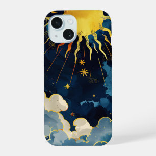 Coque iPhone 15 Soleil Céleste Moderne Étoiles et Nuages Bleus