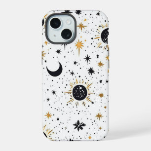 Coque iPhone 15 Soleil Lune Étoiles Noir et Or