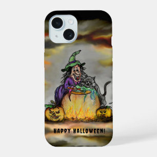 Coque iPhone 15 Sorcière et chat noir, Joyeux Halloween !