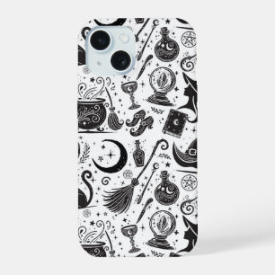 Coque iPhone 15 Sorcière Magique Fantaisiste Wiccan Païen Noir & B