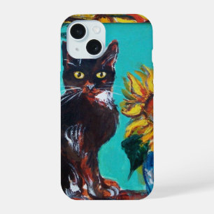 COQUE iPhone 15 SOUCHES AVEC CHAT NOIR EN TURQUOISE BLEUE