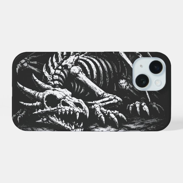 Coque iPhone 15 Squelette de dragon — par BurnsInHell (Verso Horizontal)