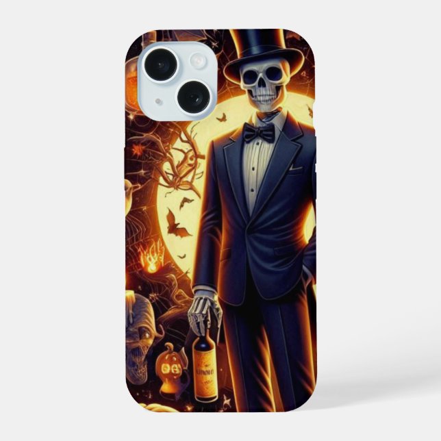 Coque iPhone 15 Squelette d'Halloween dans un Tux avec chapeau sup (Verso)