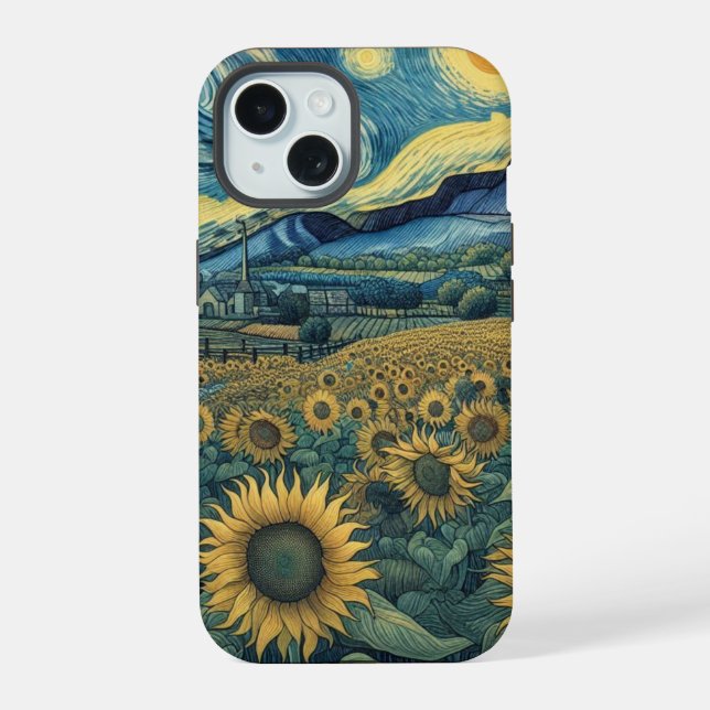 Coque iPhone 15 Sunflower Meadow in the Starry Night (Verso)
