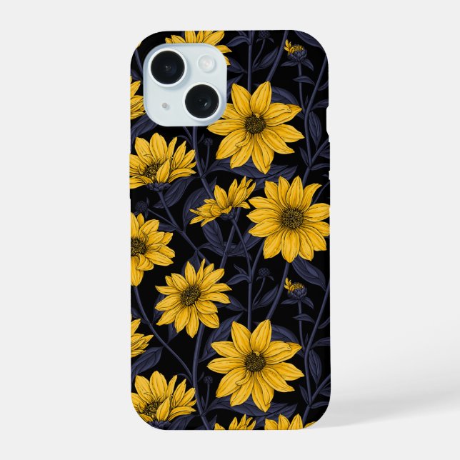 Coque iPhone 15 Sunroot, tournesol sauvage en jaune et bleu (Verso)