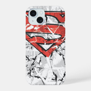 Coque iPhone 15 Superman stylisé Logo de bande dessinée froissé