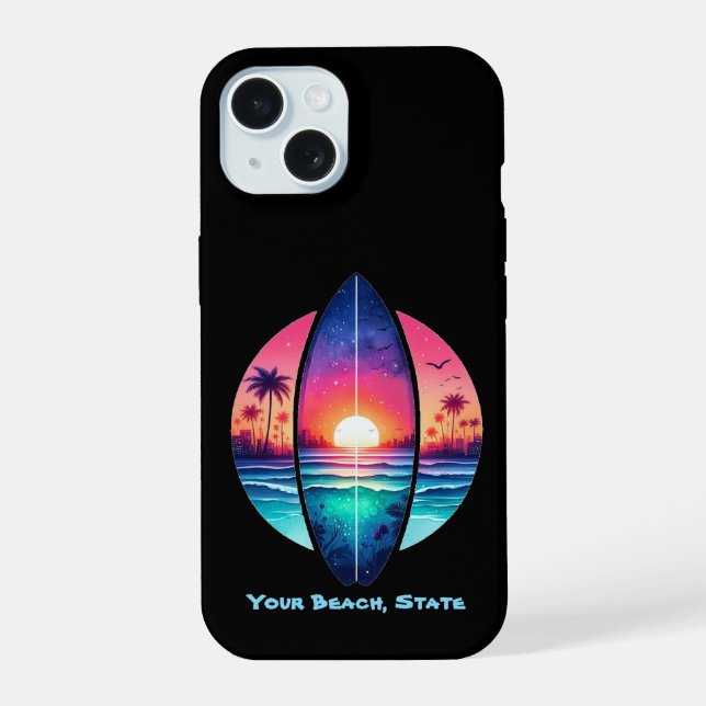 Coque iPhone 15 Surf au coucher du soleil (Verso)